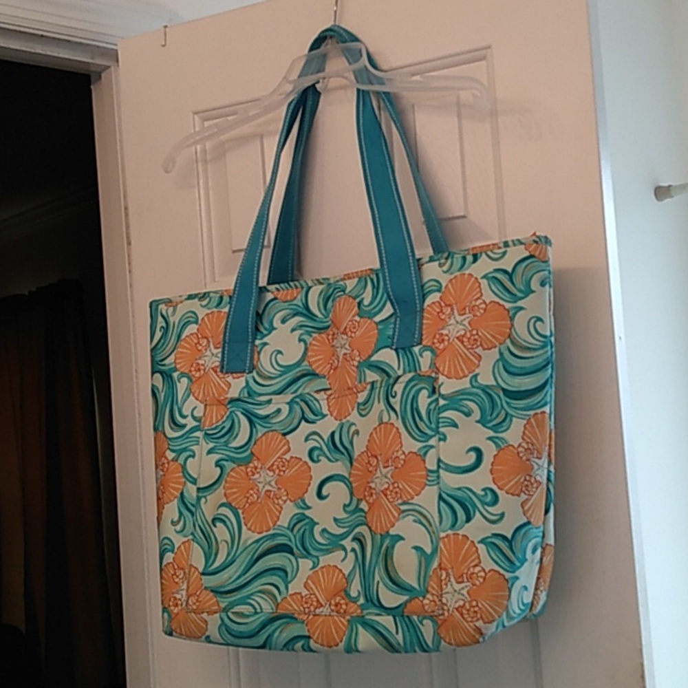 Lilly Pulitzer Extra Large Do the Wave Lined Canvas Tote Bag RARE